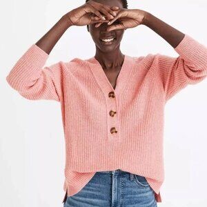 Madewell Womens XS Pink Merino Wool Lyle Rib Henley Sweater Knit Top
